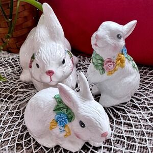 Set of 3 Vintage Bunny Ceramic Easter Rabbits Floral Cottagecore Spring Decor